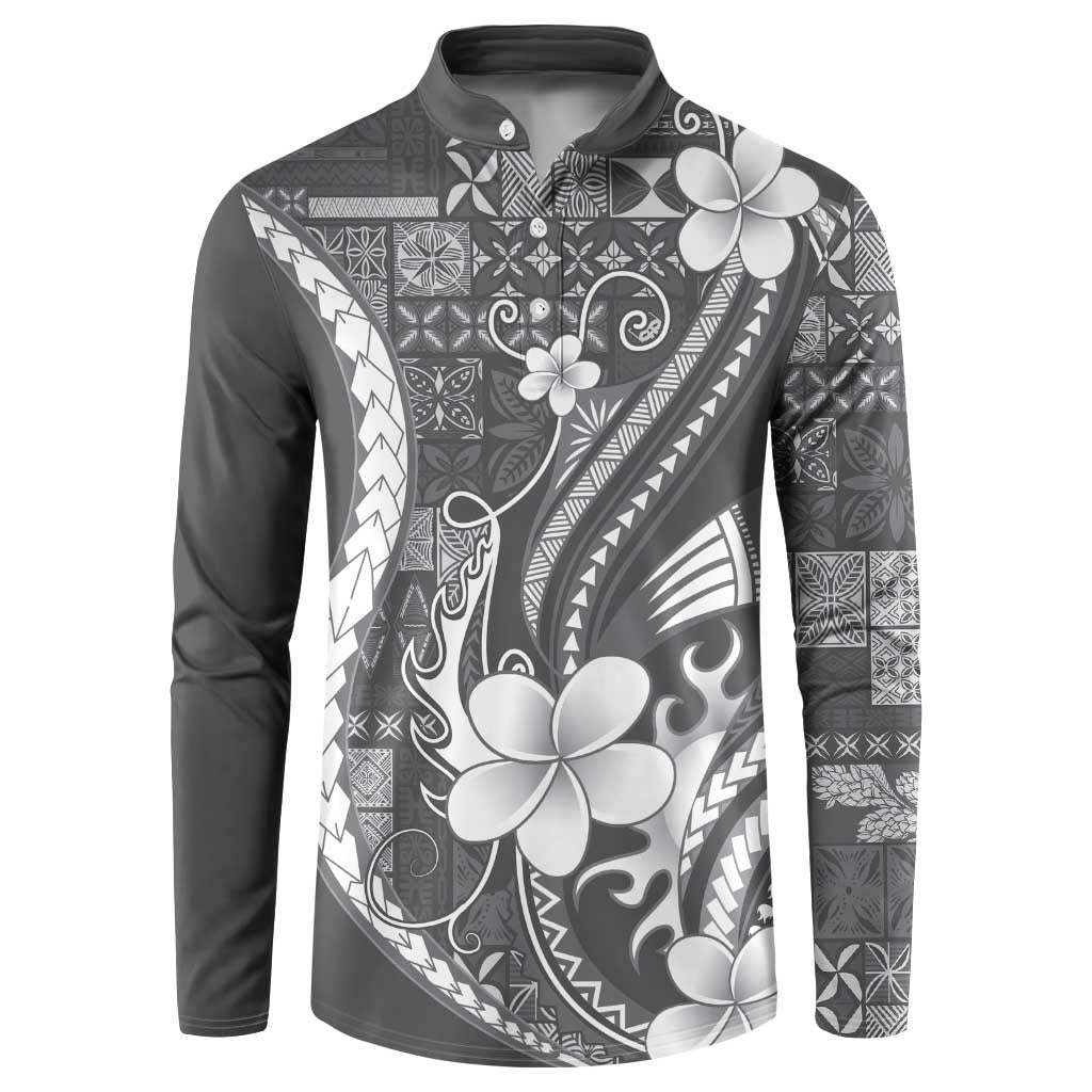 Samoa Siapo Tribal Pattern Button Sweatshirt Light Gray Polynesian Plumeria Tapa Motif LT9 Gray - Polynesian Pride