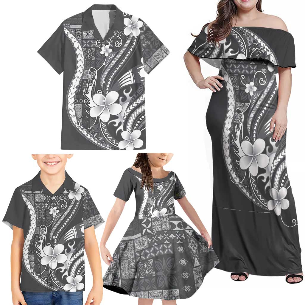 Samoa Siapo Tribal Pattern Family Matching Off Shoulder Maxi Dress and Hawaiian Shirt Light Gray Polynesian Plumeria Tapa Motif LT9 - Polynesian Pride