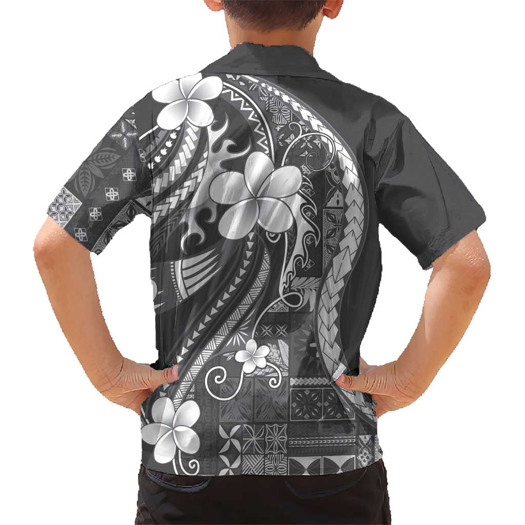 Samoa Siapo Tribal Pattern Family Matching Puletasi and Hawaiian Shirt Light Gray Polynesian Plumeria Tapa Motif