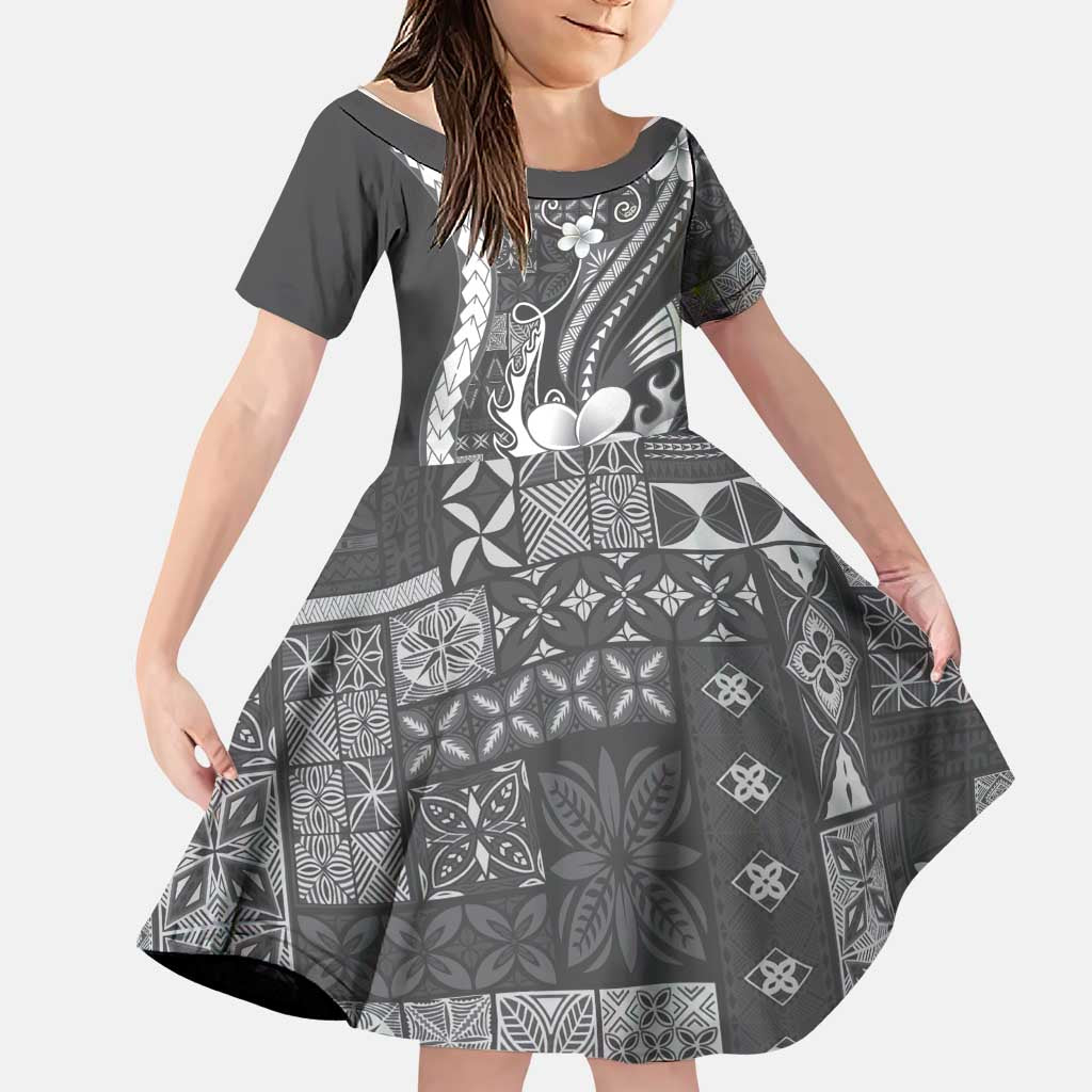 Samoa Siapo Tribal Pattern Family Matching Puletasi and Hawaiian Shirt Light Gray Polynesian Plumeria Tapa Motif