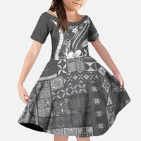 Samoa Siapo Tribal Pattern Family Matching Puletasi and Hawaiian Shirt Light Gray Polynesian Plumeria Tapa Motif