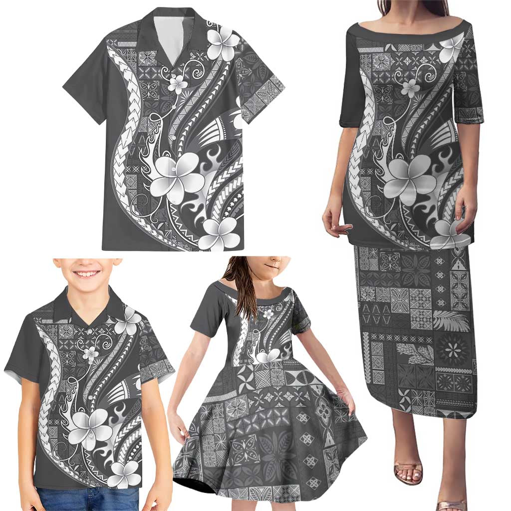 Samoa Siapo Tribal Pattern Family Matching Puletasi and Hawaiian Shirt Light Gray Polynesian Plumeria Tapa Motif