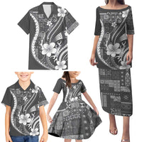 Samoa Siapo Tribal Pattern Family Matching Puletasi and Hawaiian Shirt Light Gray Polynesian Plumeria Tapa Motif