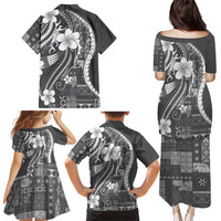 Samoa Siapo Tribal Pattern Family Matching Puletasi and Hawaiian Shirt Light Gray Polynesian Plumeria Tapa Motif