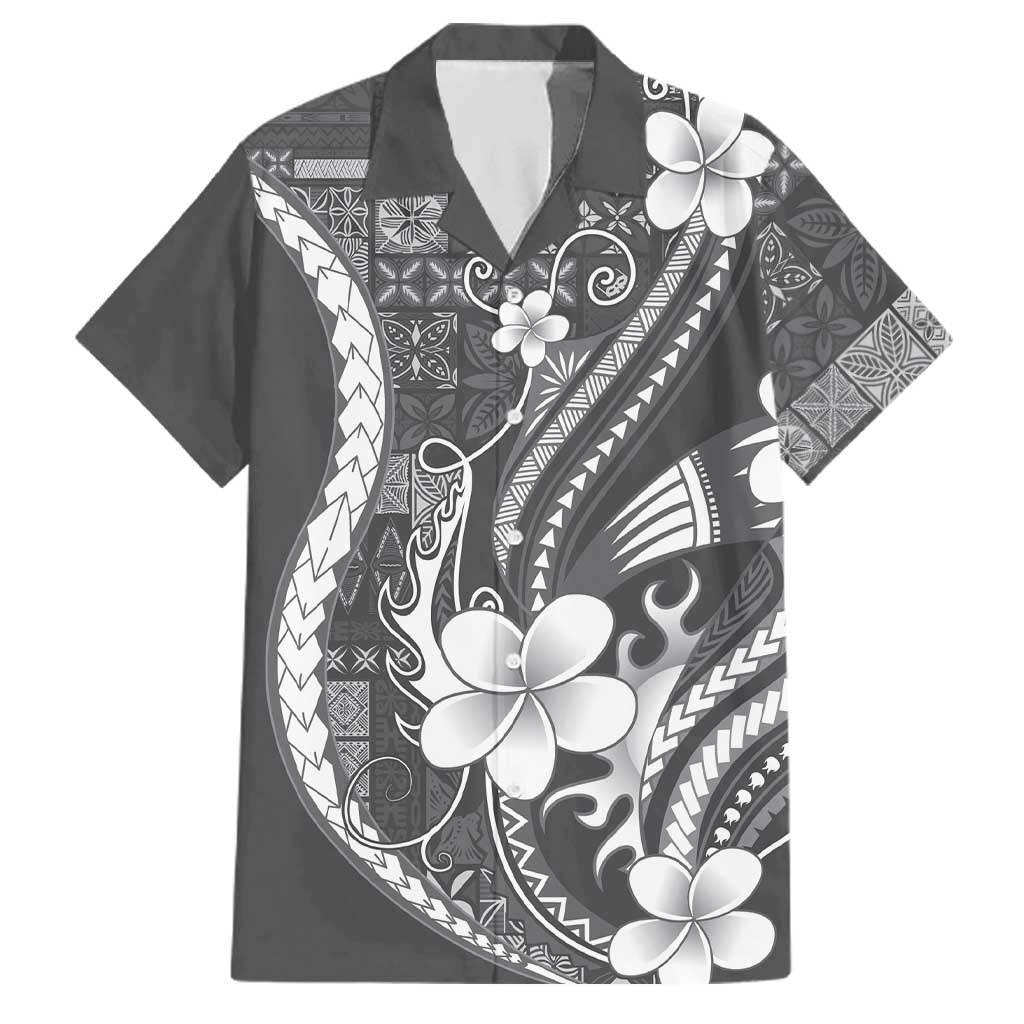 Samoa Siapo Tribal Pattern Family Matching Puletasi and Hawaiian Shirt Light Gray Polynesian Plumeria Tapa Motif