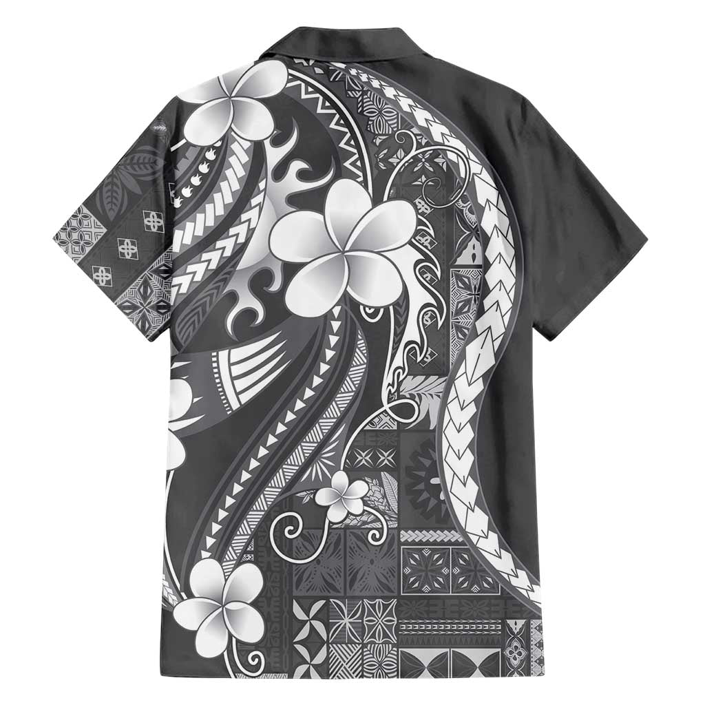 Samoa Siapo Tribal Pattern Family Matching Puletasi and Hawaiian Shirt Light Gray Polynesian Plumeria Tapa Motif