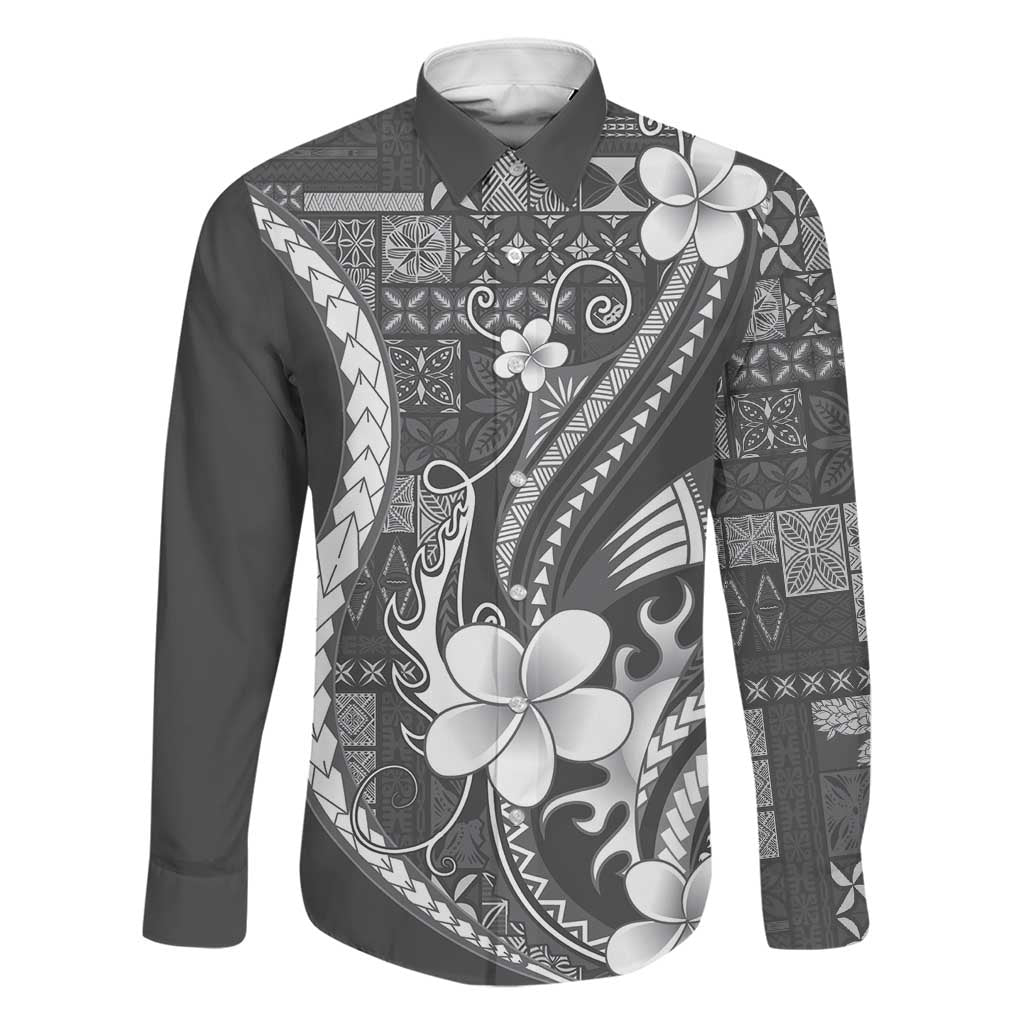 Samoa Siapo Tribal Pattern Family Matching Puletasi and Hawaiian Shirt Light Gray Polynesian Plumeria Tapa Motif