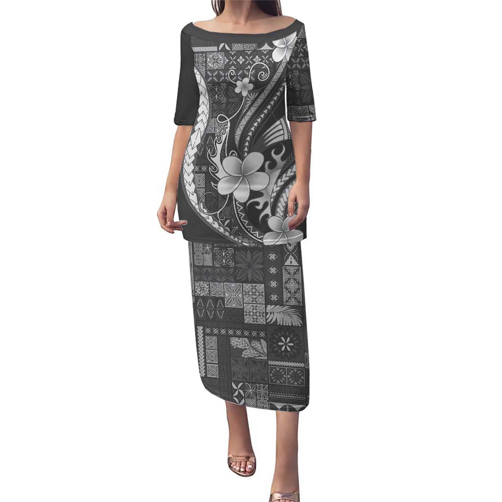 Samoa Siapo Tribal Pattern Family Matching Puletasi and Hawaiian Shirt Light Gray Polynesian Plumeria Tapa Motif
