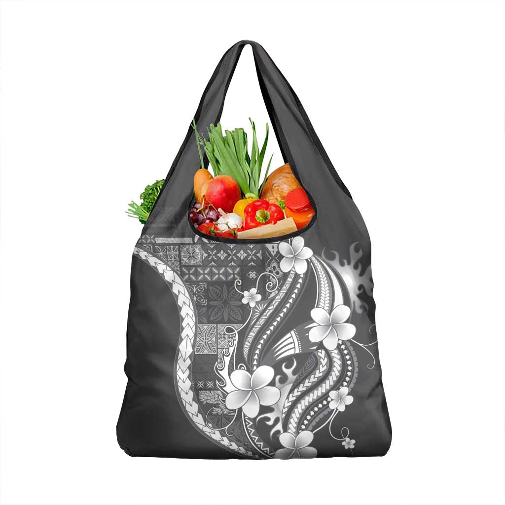 Samoa Siapo Tribal Pattern Grocery Bag Light Gray Polynesian Plumeria Tapa Motif