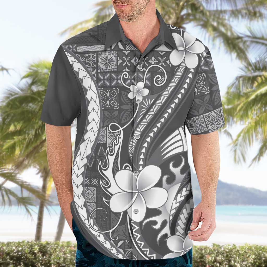 Samoa Siapo Tribal Pattern Hawaiian Shirt Light Gray Polynesian Plumeria Tapa Motif
