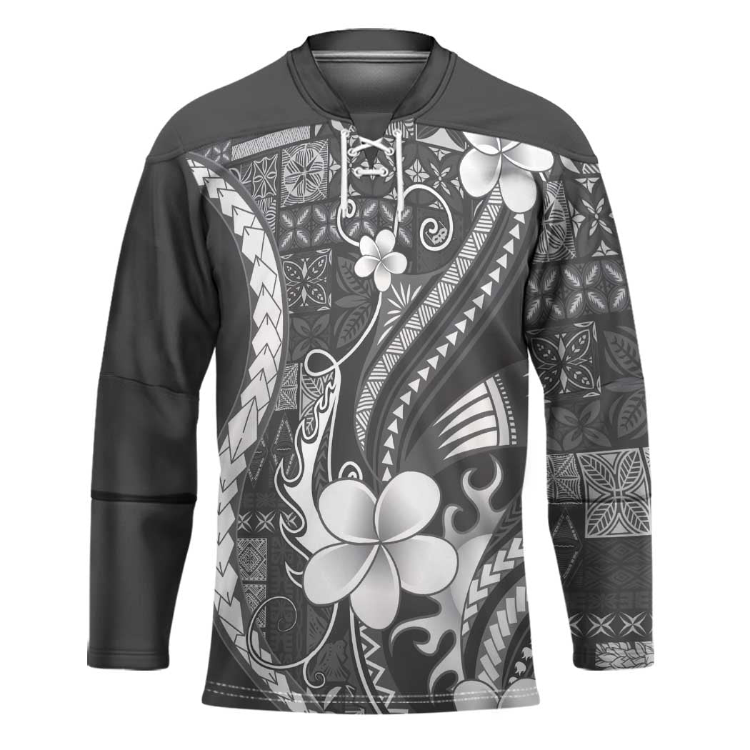 Samoa Siapo Tribal Pattern Hockey Jersey Light Gray Polynesian Plumeria Tapa Motif