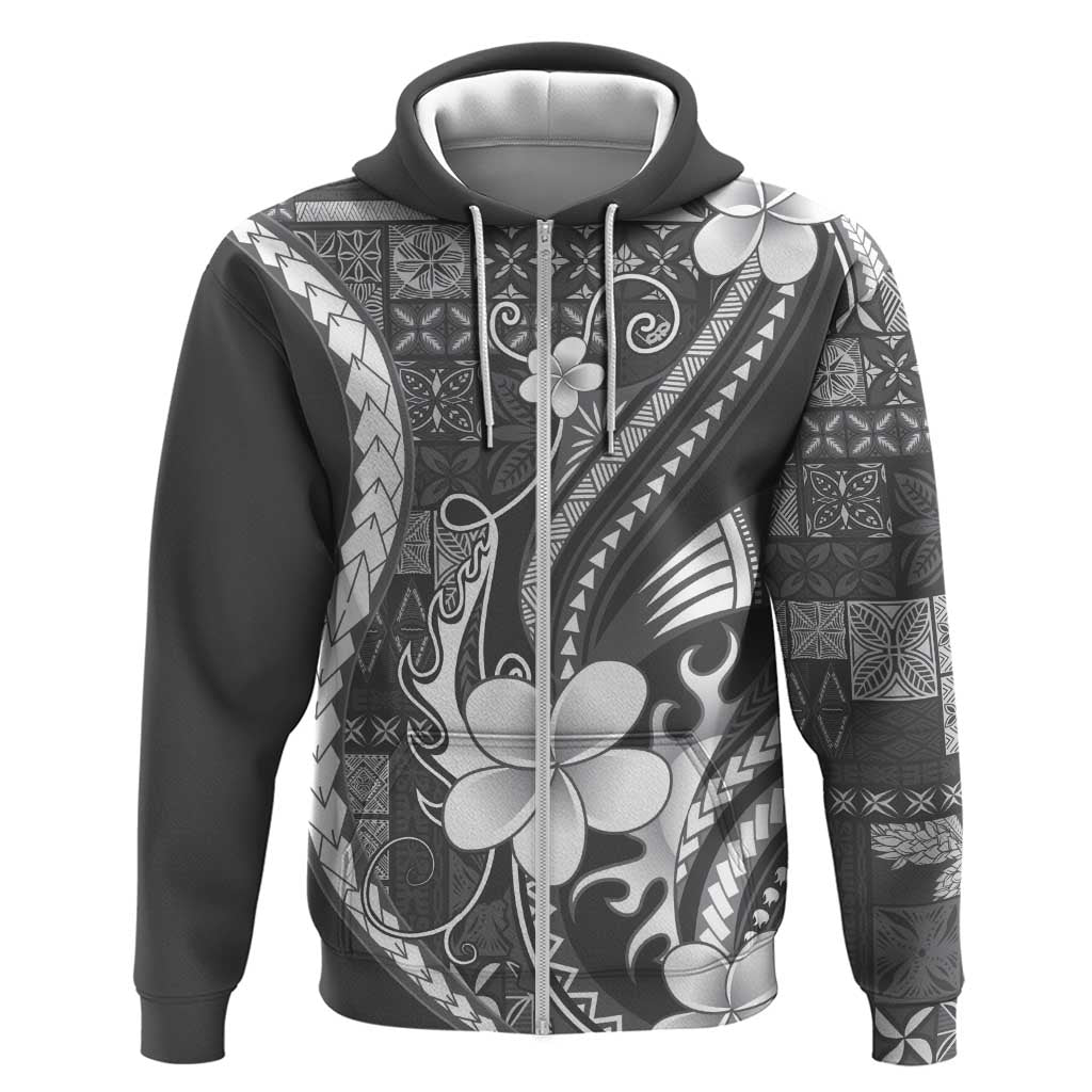 Samoa Siapo Tribal Pattern Hoodie Light Gray Polynesian Plumeria Tapa Motif