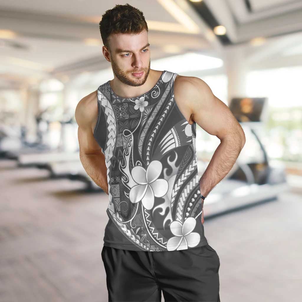 Samoa Siapo Tribal Pattern Men Tank Top Light Gray Polynesian Plumeria Tapa Motif