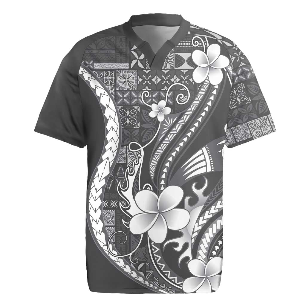 Samoa Siapo Tribal Pattern Rugby Jersey Light Gray Polynesian Plumeria Tapa Motif LT9 Gray - Polynesian Pride