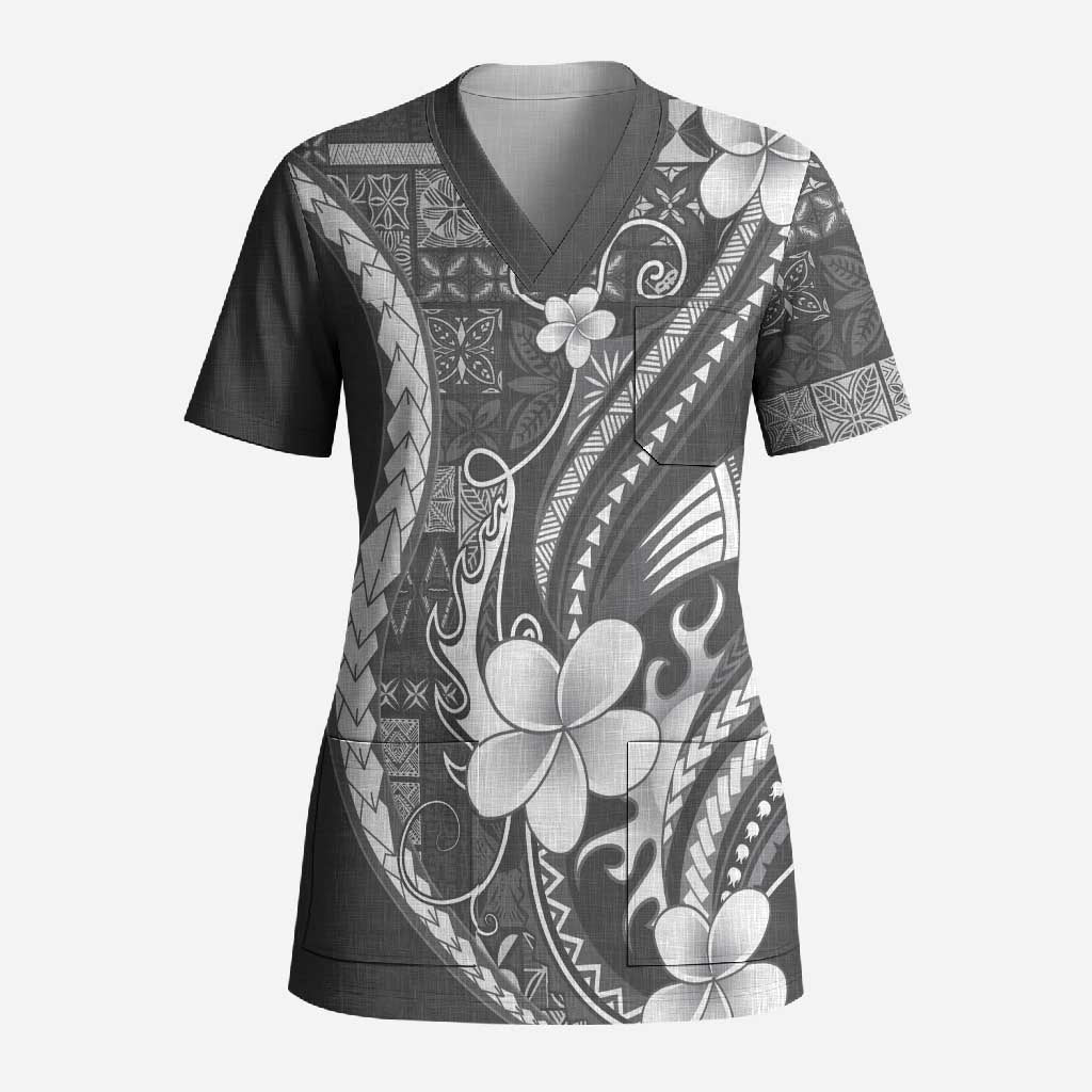 Samoa Siapo Tribal Pattern Scrub Top Light Gray Polynesian Plumeria Tapa Motif