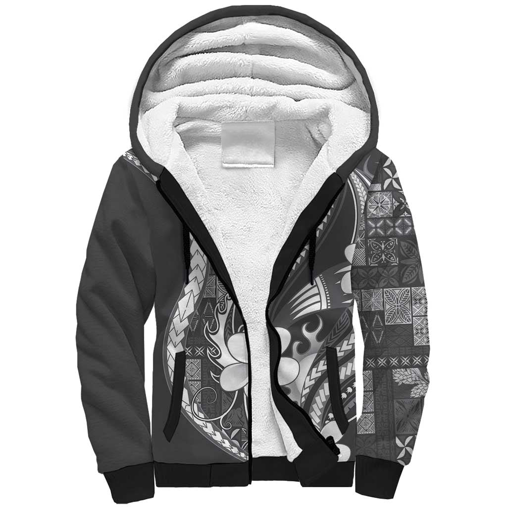Samoa Siapo Tribal Pattern Sherpa Hoodie Light Gray Polynesian Plumeria Tapa Motif LT9 Unisex Gray - Polynesian Pride