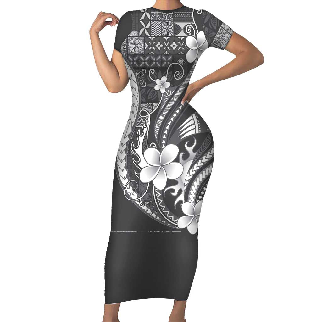 Samoa Siapo Tribal Pattern Short Sleeve Bodycon Dress Light Gray Polynesian Plumeria Tapa Motif LT9 Long Dress Gray - Polynesian Pride