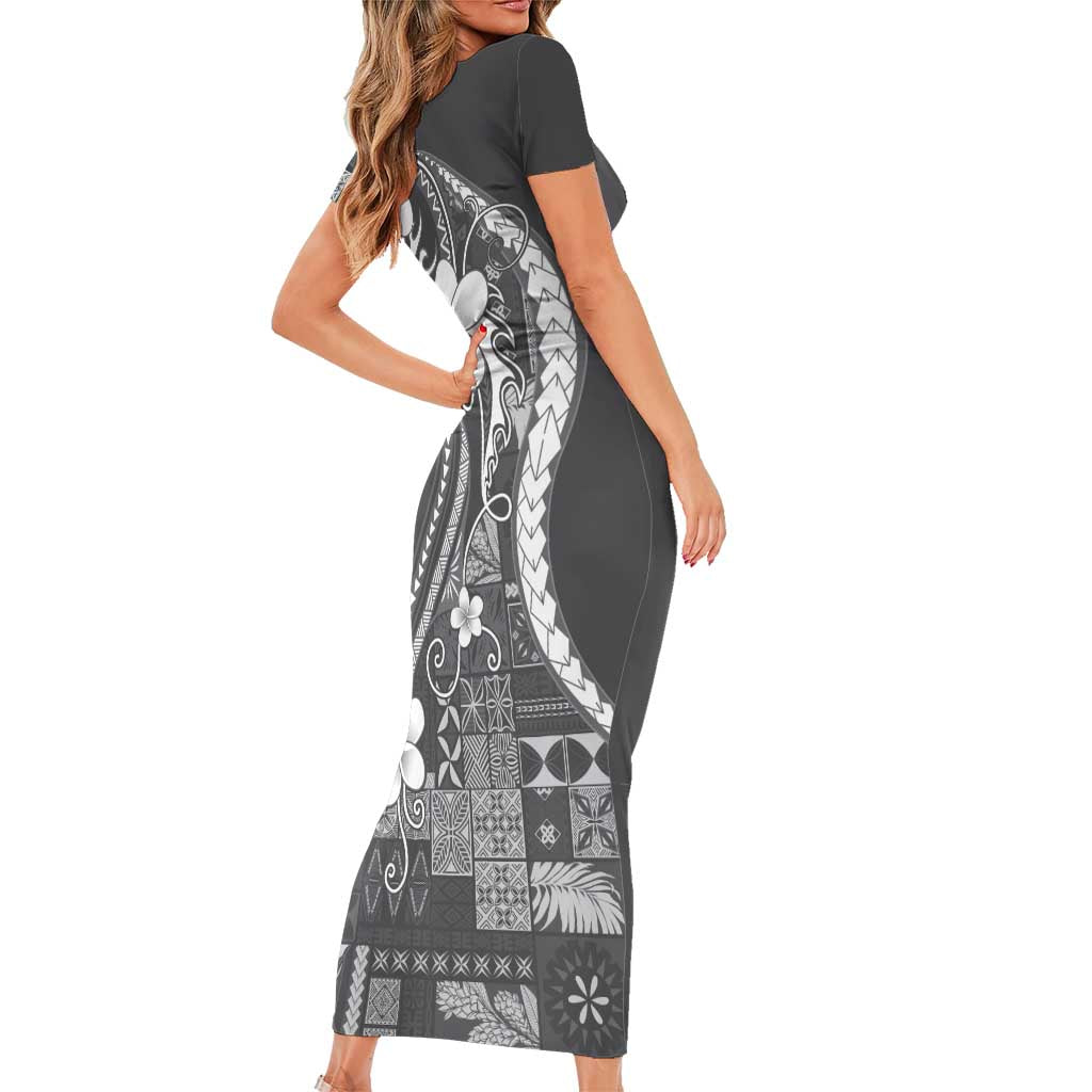 Samoa Siapo Tribal Pattern Short Sleeve Bodycon Dress Light Gray Polynesian Plumeria Tapa Motif LT9 - Polynesian Pride