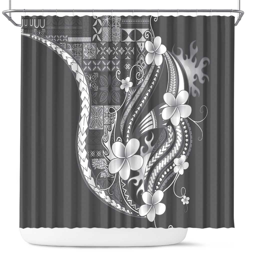 Samoa Siapo Tribal Pattern Shower Curtain Light Gray Polynesian Plumeria Tapa Motif