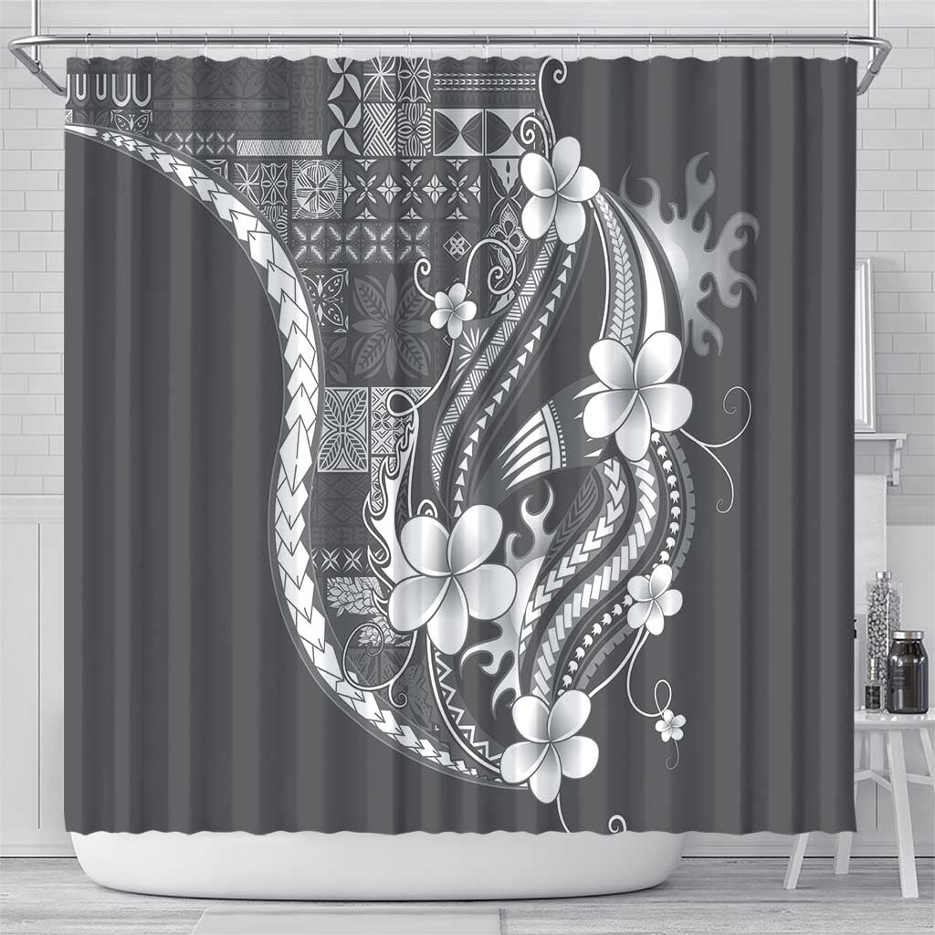 Samoa Siapo Tribal Pattern Shower Curtain Light Gray Polynesian Plumeria Tapa Motif