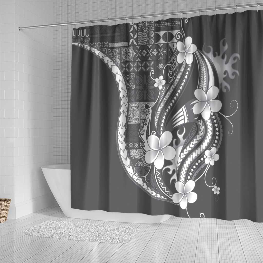 Samoa Siapo Tribal Pattern Shower Curtain Light Gray Polynesian Plumeria Tapa Motif
