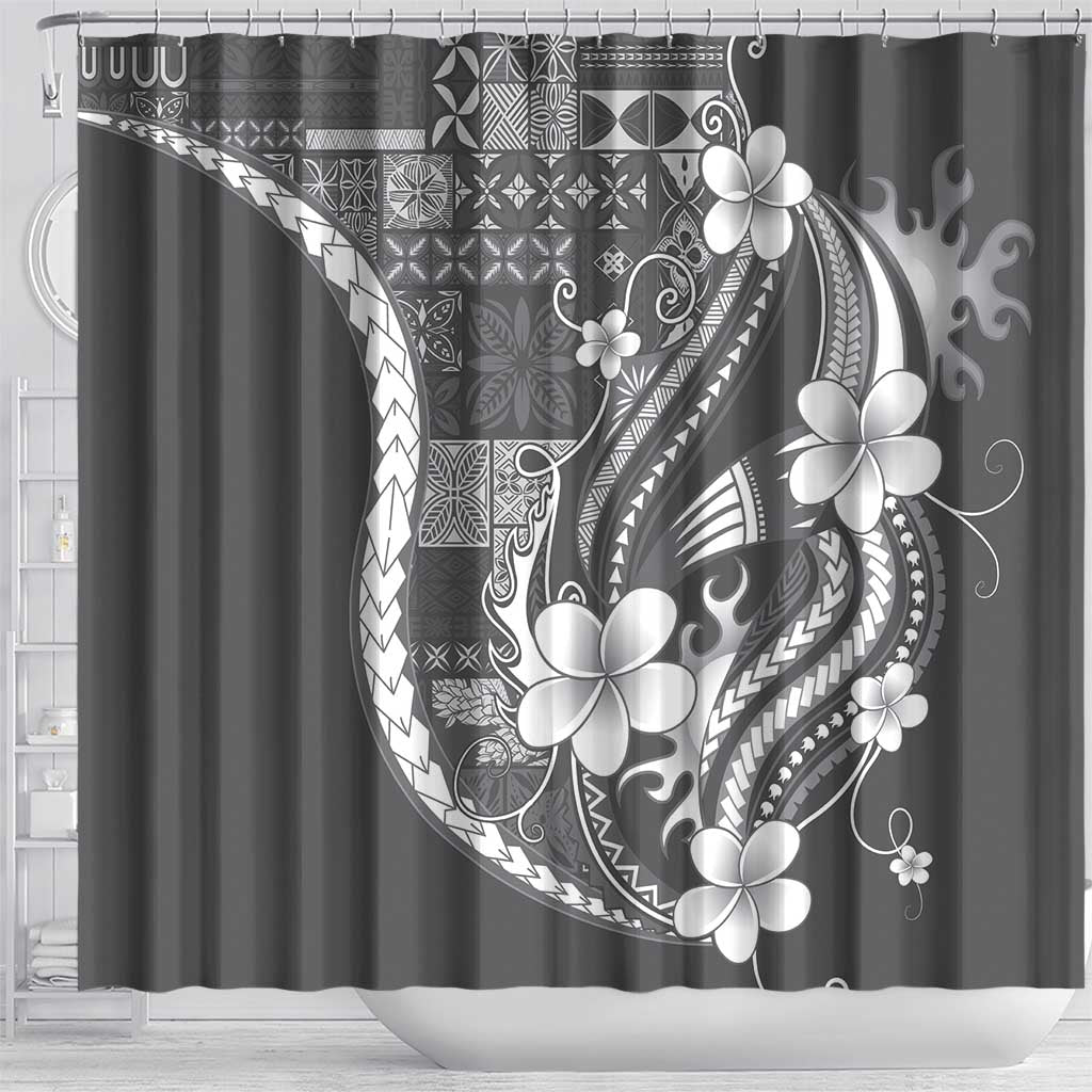 Samoa Siapo Tribal Pattern Shower Curtain Light Gray Polynesian Plumeria Tapa Motif