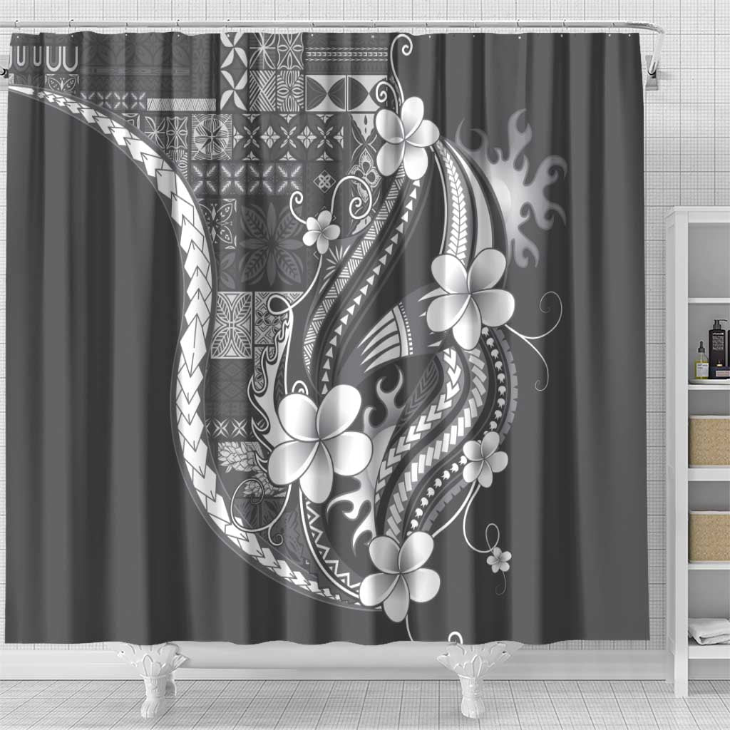 Samoa Siapo Tribal Pattern Shower Curtain Light Gray Polynesian Plumeria Tapa Motif
