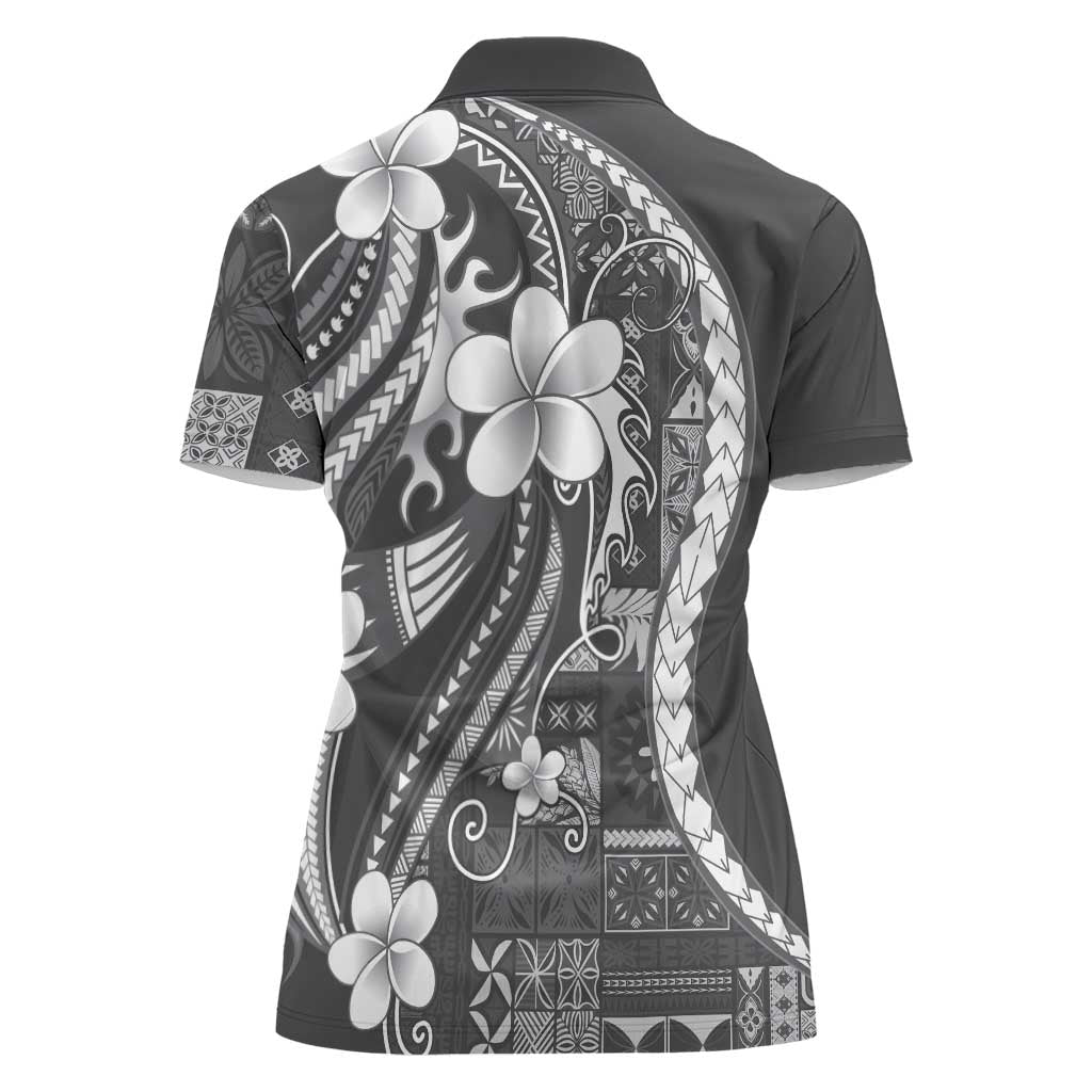 Samoa Siapo Tribal Pattern Women Polo Shirt Light Gray Polynesian Plumeria Tapa Motif LT9 - Polynesian Pride