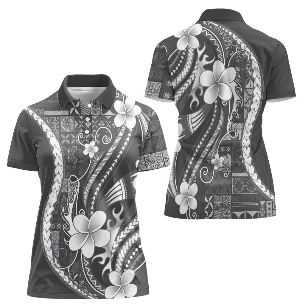 Samoa Siapo Tribal Pattern Women Polo Shirt Light Gray Polynesian Plumeria Tapa Motif LT9 - Polynesian Pride