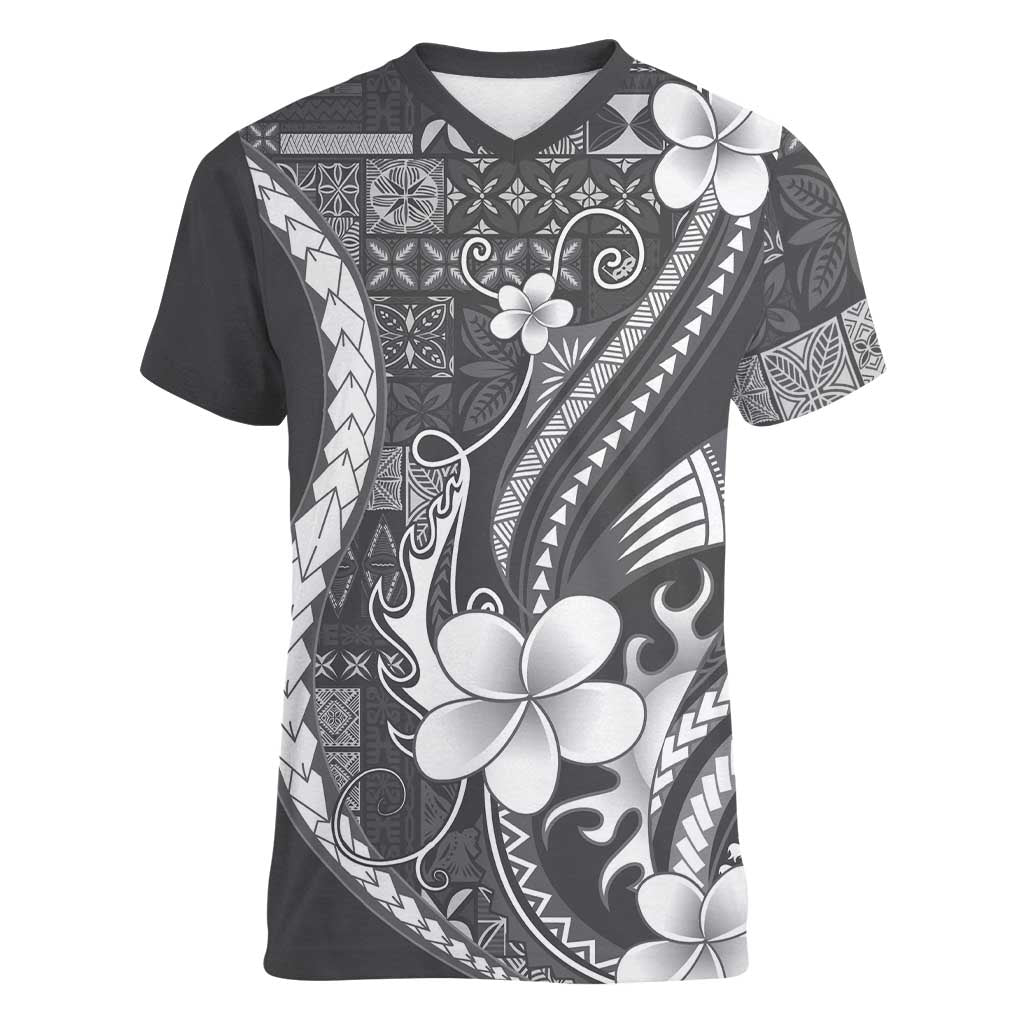 Samoa Siapo Tribal Pattern Women V-Neck T-Shirt Light Gray Polynesian Plumeria Tapa Motif