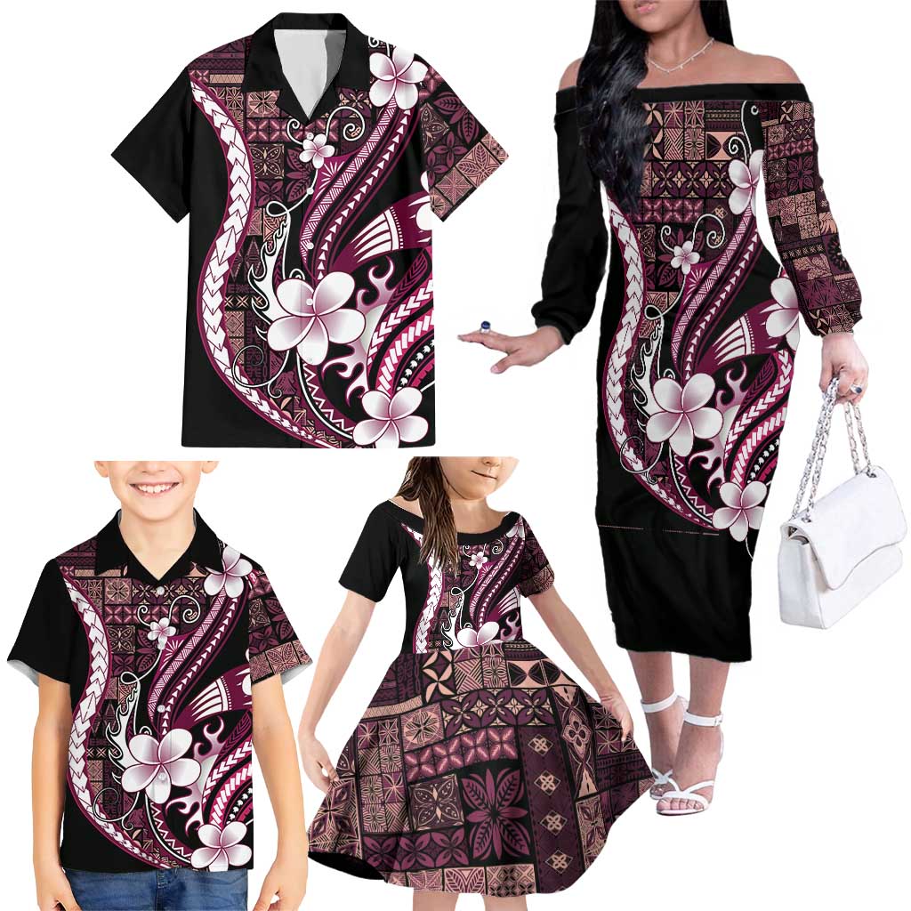 Samoa Siapo Tribal Pattern Family Matching Off The Shoulder Long Sleeve Dress and Hawaiian Shirt Violet Polynesian Plumeria Tapa Motif LT9 - Polynesian Pride