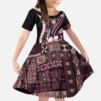 Samoa Siapo Tribal Pattern Family Matching Off Shoulder Maxi Dress and Hawaiian Shirt Violet Polynesian Plumeria Tapa Motif LT9 Daughter's Dress Violet - Polynesian Pride