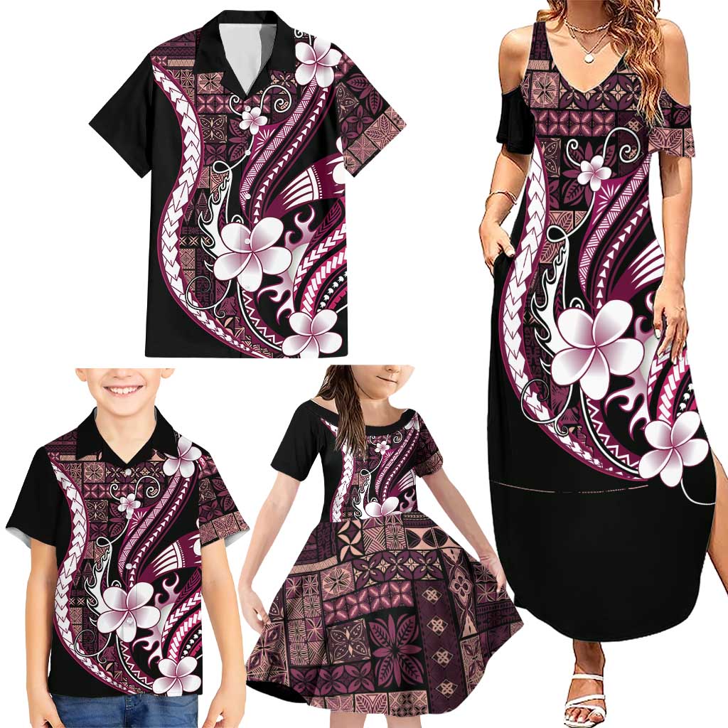 Samoa Siapo Tribal Pattern Family Matching Summer Maxi Dress and Hawaiian Shirt Violet Polynesian Plumeria Tapa Motif LT9 - Polynesian Pride