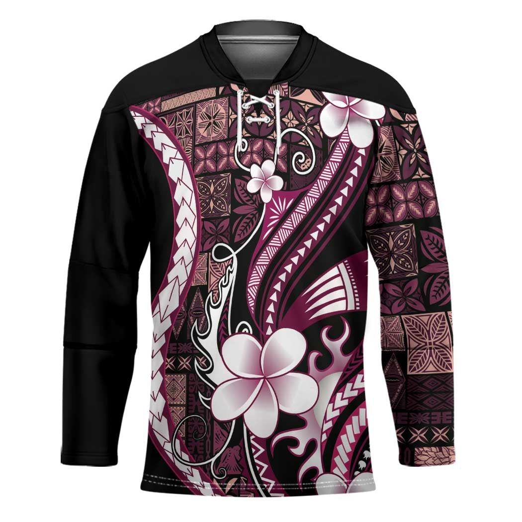 Samoa Siapo Tribal Pattern Hockey Jersey Violet Polynesian Plumeria Tapa Motif