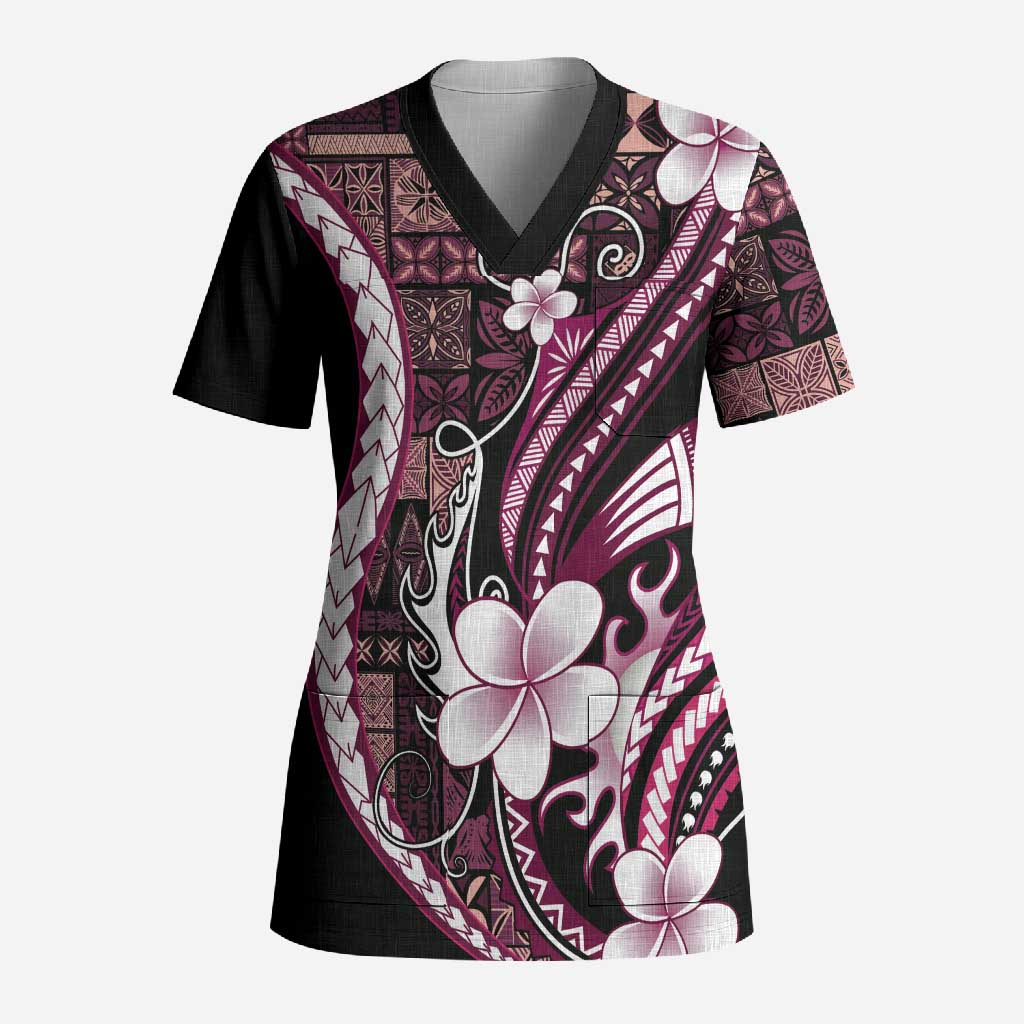 Samoa Siapo Tribal Pattern Scrub Top Violet Polynesian Plumeria Tapa Motif