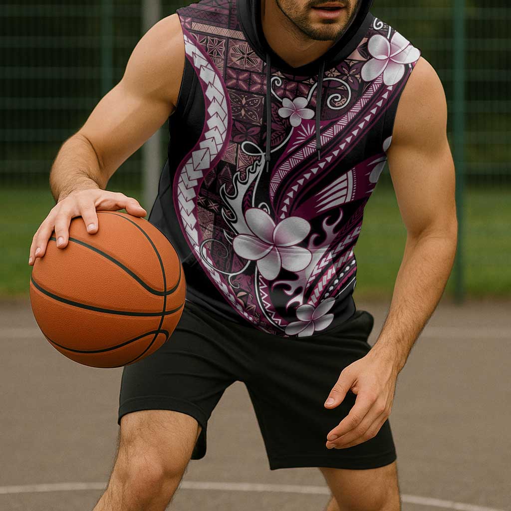 Samoa Siapo Tribal Pattern Sleeveless Hoodie Violet Polynesian Plumeria Tapa Motif