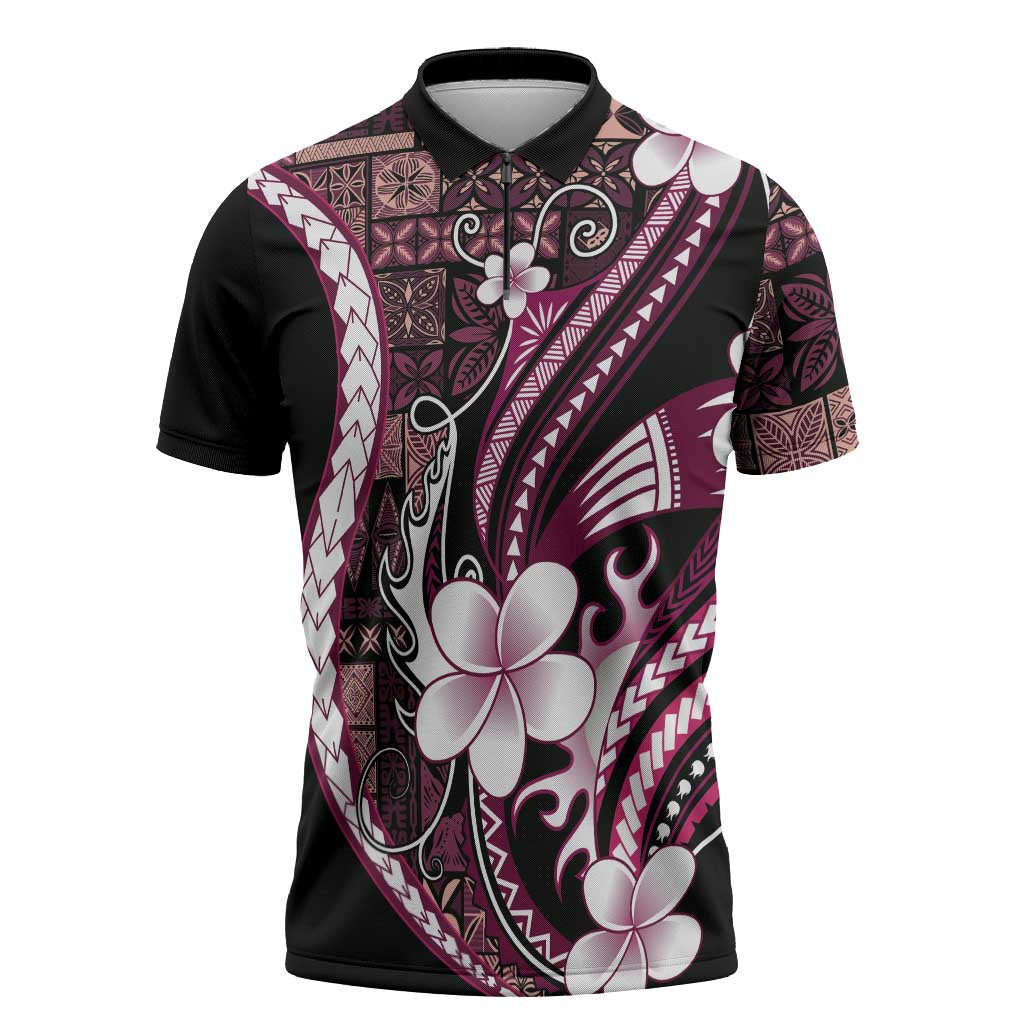 Samoa Siapo Tribal Pattern Zipper Polo Shirt Violet Polynesian Plumeria Tapa Motif