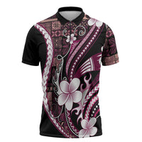 Samoa Siapo Tribal Pattern Zipper Polo Shirt Violet Polynesian Plumeria Tapa Motif