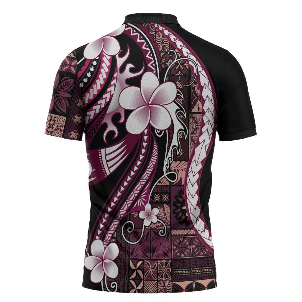 Samoa Siapo Tribal Pattern Zipper Polo Shirt Violet Polynesian Plumeria Tapa Motif
