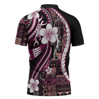 Samoa Siapo Tribal Pattern Zipper Polo Shirt Violet Polynesian Plumeria Tapa Motif