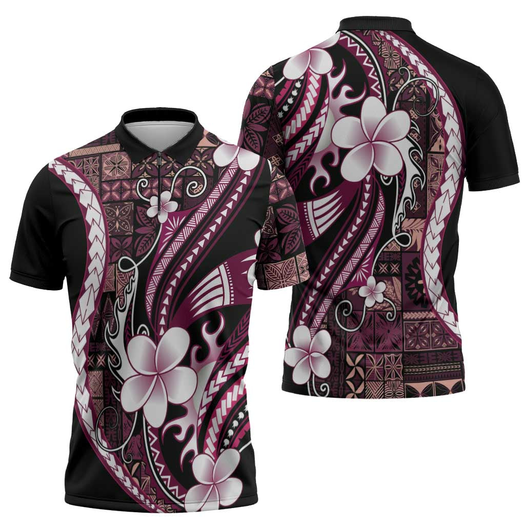 Samoa Siapo Tribal Pattern Zipper Polo Shirt Violet Polynesian Plumeria Tapa Motif
