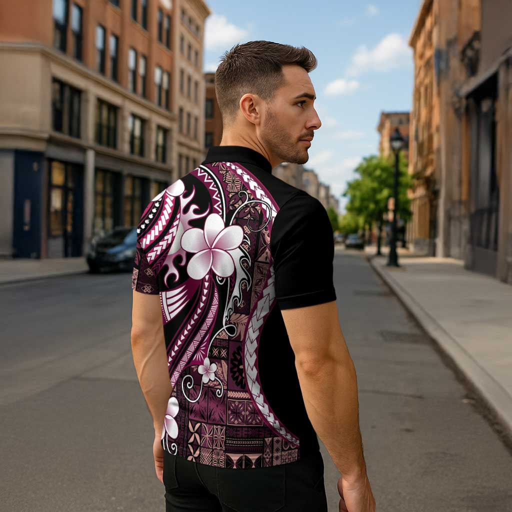 Samoa Siapo Tribal Pattern Zipper Polo Shirt Violet Polynesian Plumeria Tapa Motif