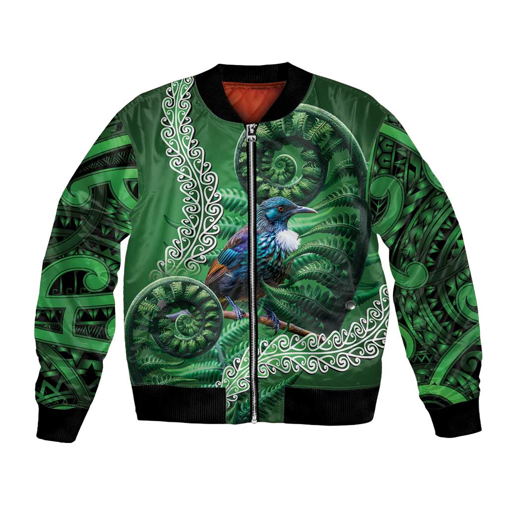 Tui Bird Koru Silver Fern Aotearoa Bomber Jacket LT9 Unisex Green - Polynesian Pride