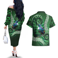 Tui Bird Koru Silver Fern Aotearoa Couples Matching Off The Shoulder Long Sleeve Dress and Hawaiian Shirt