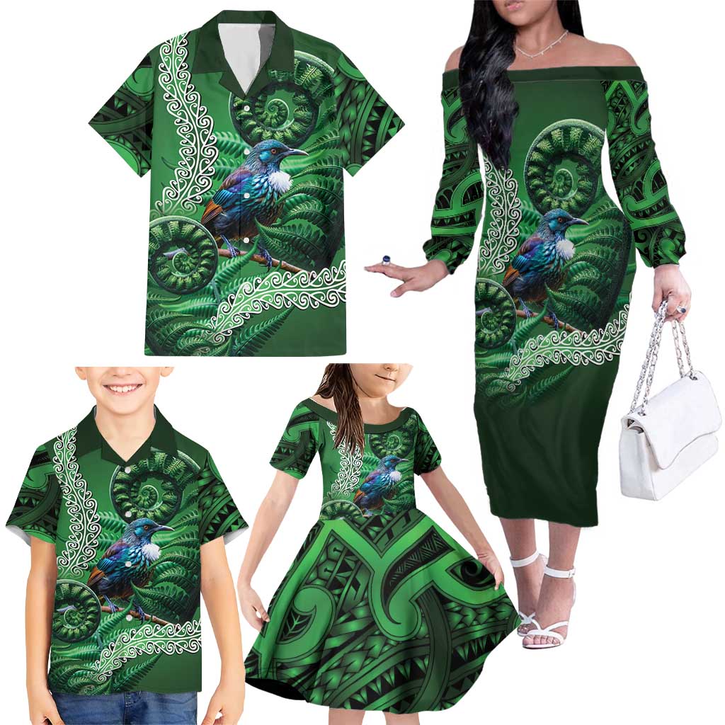 Tui Bird Koru Silver Fern Aotearoa Family Matching Off The Shoulder Long Sleeve Dress and Hawaiian Shirt