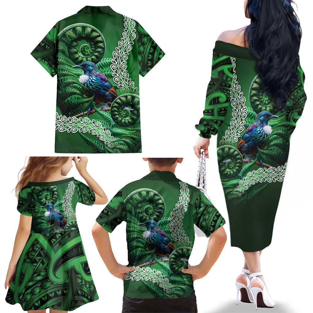 Tui Bird Koru Silver Fern Aotearoa Family Matching Off The Shoulder Long Sleeve Dress and Hawaiian Shirt