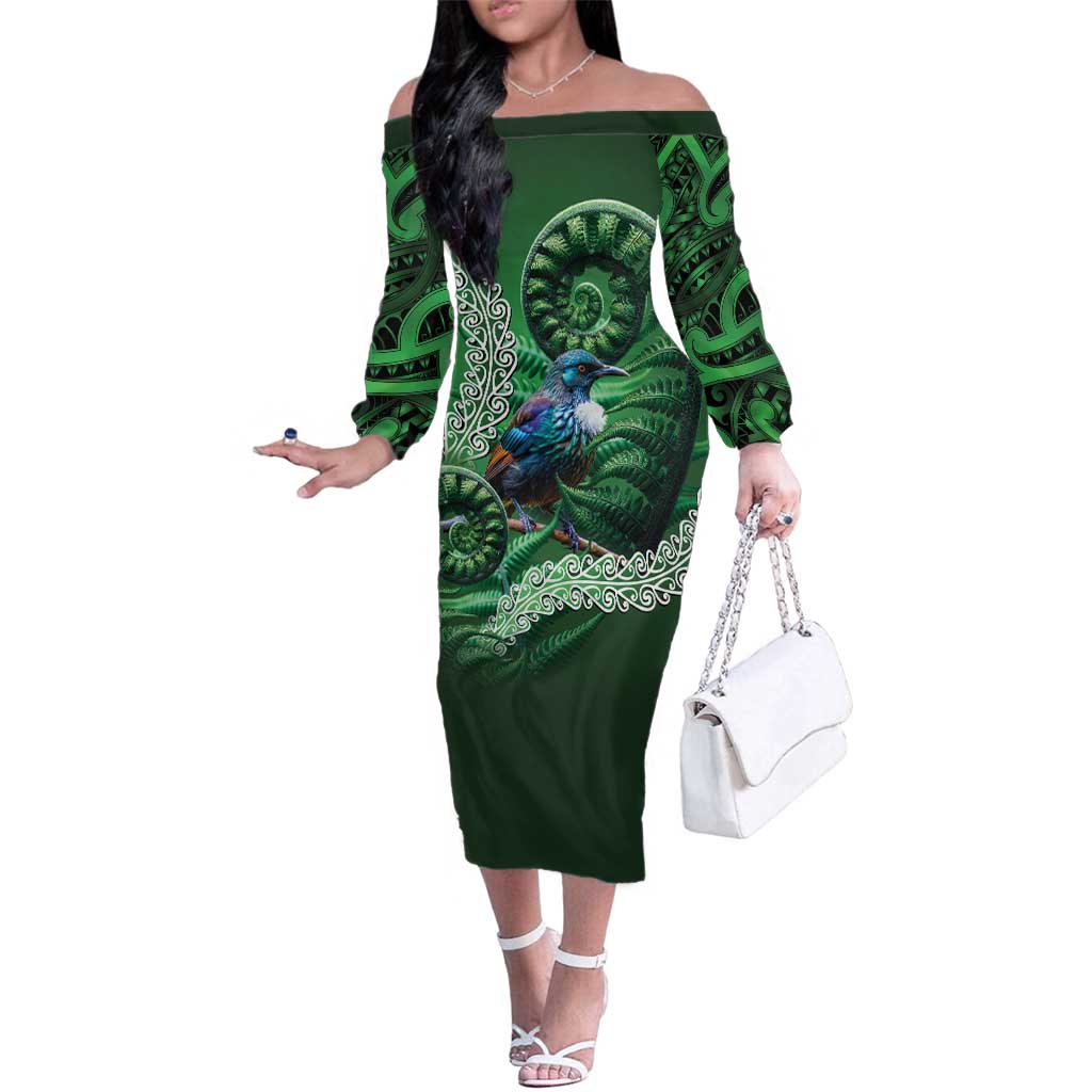 Tui Bird Koru Silver Fern Aotearoa Family Matching Off The Shoulder Long Sleeve Dress and Hawaiian Shirt