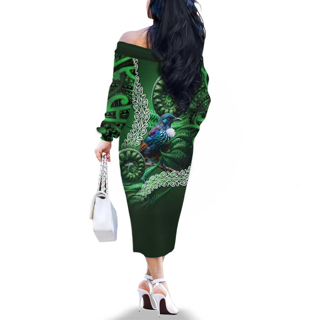 Tui Bird Koru Silver Fern Aotearoa Family Matching Off The Shoulder Long Sleeve Dress and Hawaiian Shirt