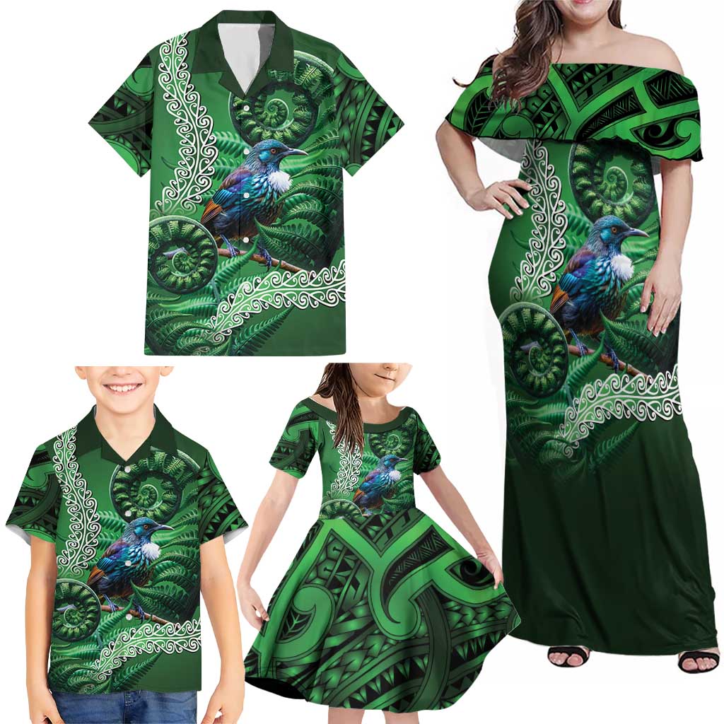 Tui Bird Koru Silver Fern Aotearoa Family Matching Off Shoulder Maxi Dress and Hawaiian Shirt LT9 - Polynesian Pride