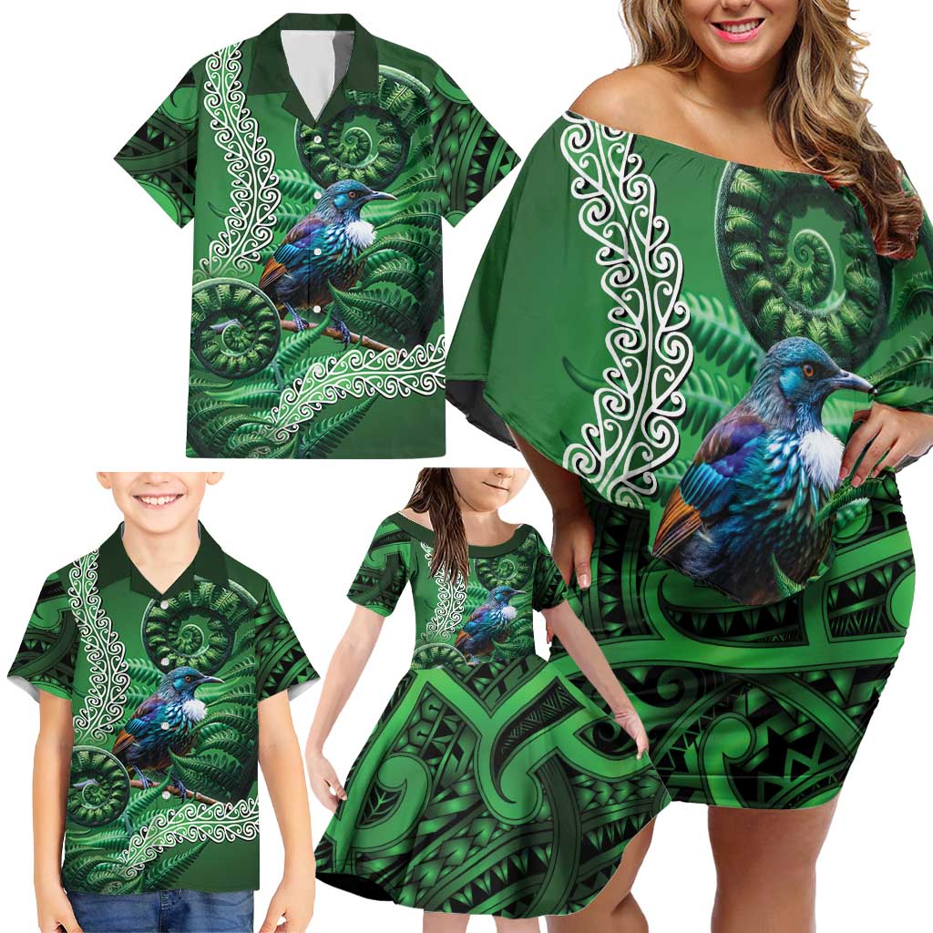 Tui Bird Koru Silver Fern Aotearoa Family Matching Off Shoulder Short Dress and Hawaiian Shirt LT9 - Polynesian Pride